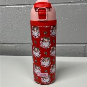 Simply Southern Red 24 oz Travel Bottle with Pink Label and Floral Santa Print